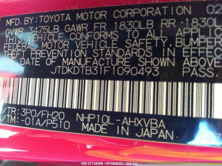 2015 TOYOTA PRIUS C ONE/TWO/THREE/FOUR - JTDKDTB31F1090493
