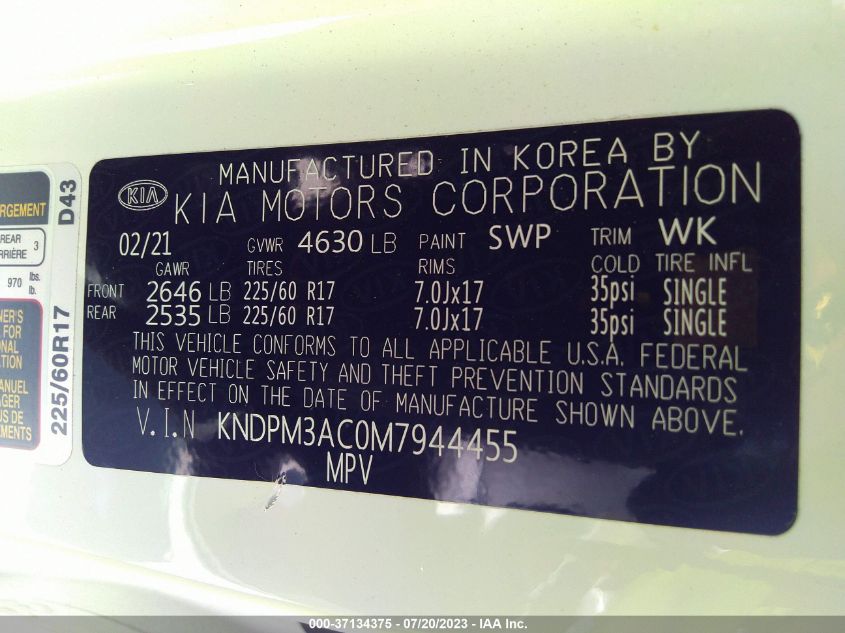 VIN KNDPM3AC0M7944455 2021 KIA SPORTAGE no.9