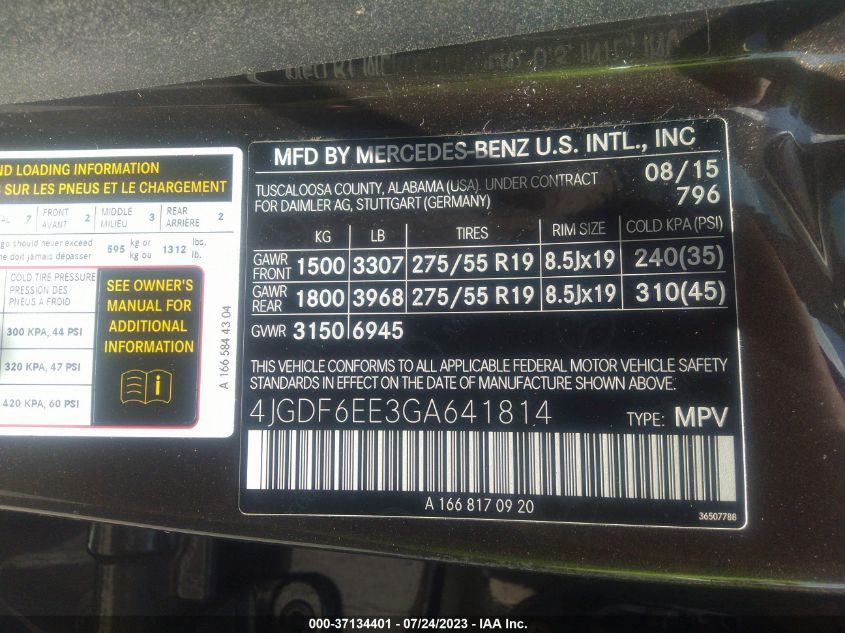 2016 MERCEDES-BENZ GL GL 450 4JGDF6EE3GA641814