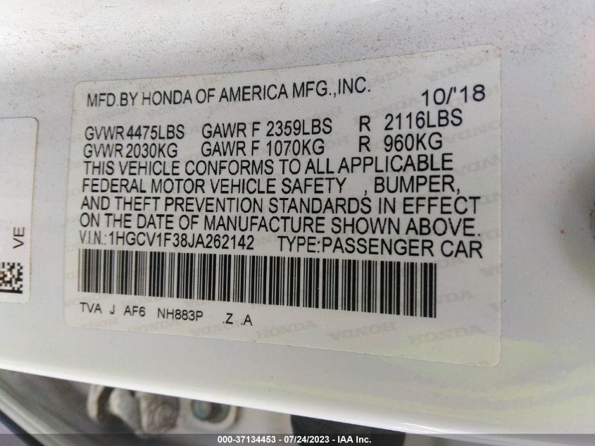 2018 HONDA ACCORD SEDAN SPORT 1.5T - 1HGCV1F38JA262142