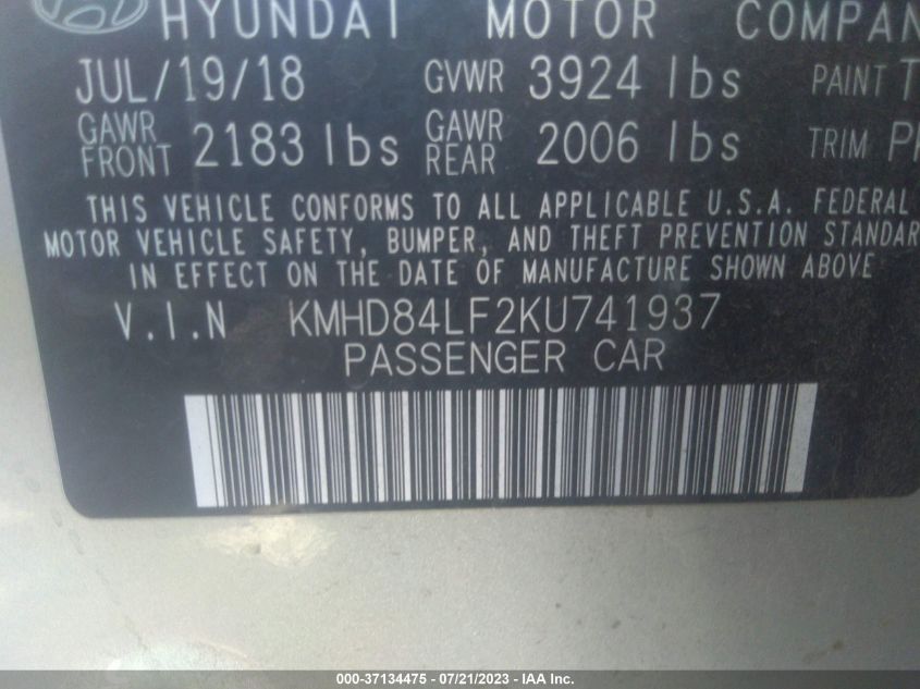 2019 HYUNDAI ELANTRA SEL/VALUE/LIMITED - KMHD84LF2KU741937