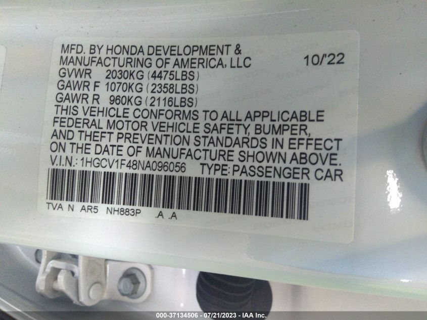 2022 HONDA ACCORD SEDAN SPORT SE - 1HGCV1F48NA096056