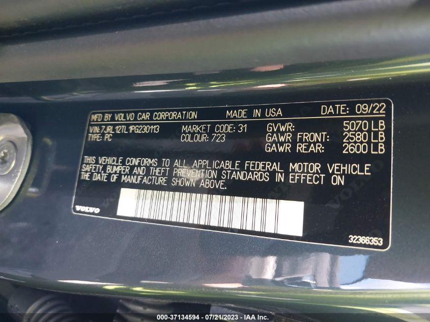 2023 VOLVO S60 PLUS DARK THEME - 7JRL12TL1PG230113