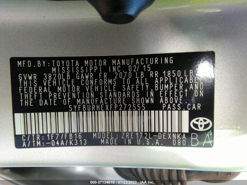 2015 TOYOTA COROLLA L/LE/LE PLS/PRM/S/S PLS - 5YFBURHEXFP272555