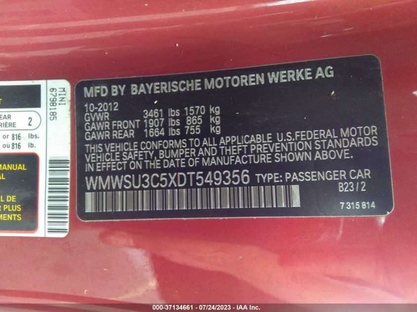 2013 MINI COOPER HARDTOP - WMWSU3C5XDT549356