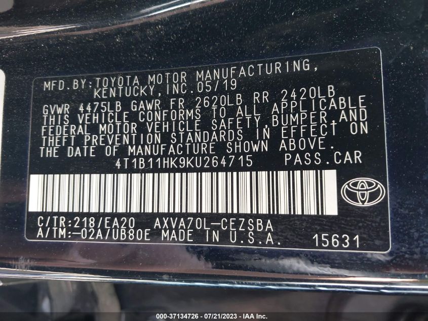2019 TOYOTA CAMRY LE/SE/XLE/L - 4T1B11HK9KU264715