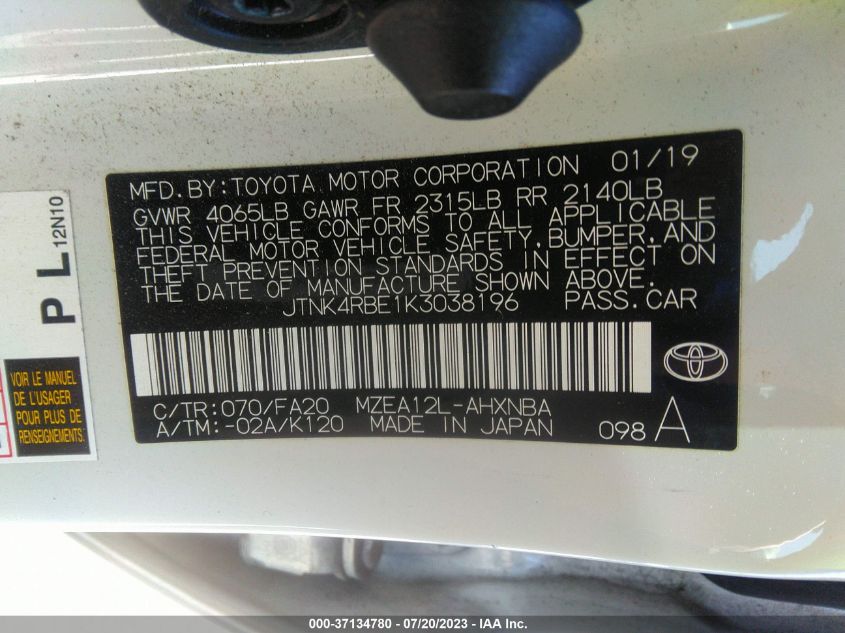 2019 TOYOTA COROLLA HATCHBACK SE/XSE JTNK4RBE1K3038196