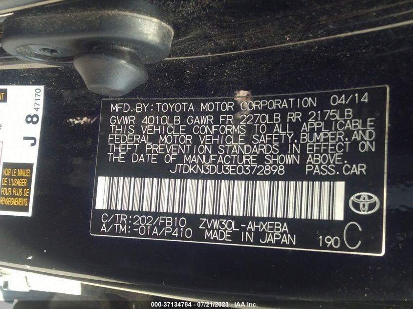 2014 TOYOTA PRIUS FOUR/FIVE/THREE/ONE/TWO - JTDKN3DU3E0372898