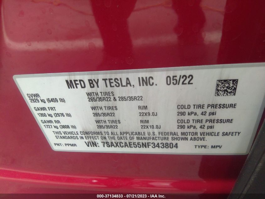 2022 TESLA MODEL X - 7SAXCAE55NF343804