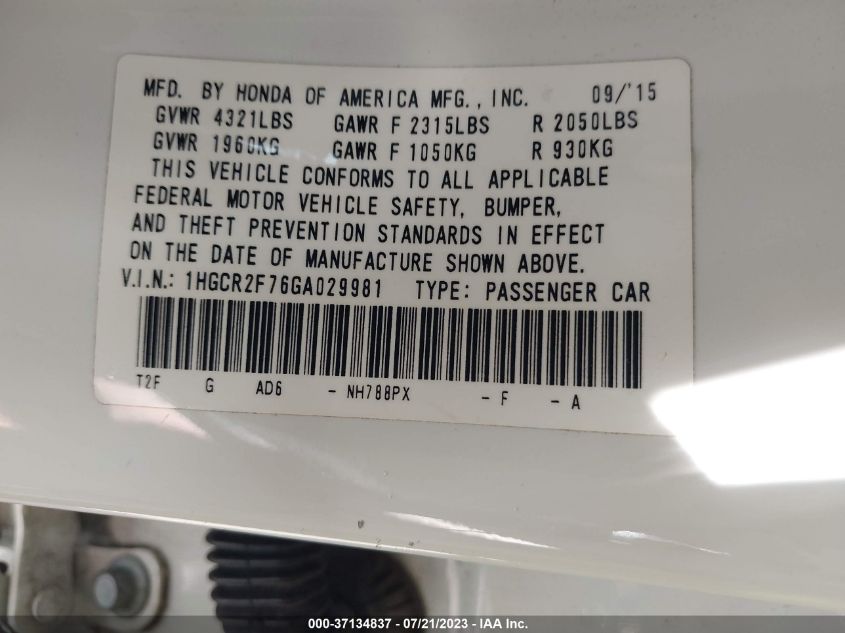 2016 HONDA ACCORD SEDAN EX - 1HGCR2F76GA029981