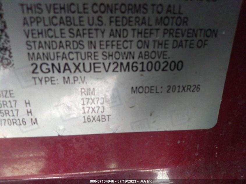 2021 CHEVROLET EQUINOX LT - 2GNAXUEV2M6100200