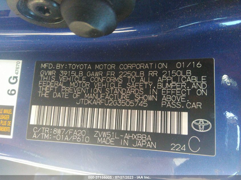 2016 TOYOTA PRIUS FOUR - JTDKARFU2G3505745