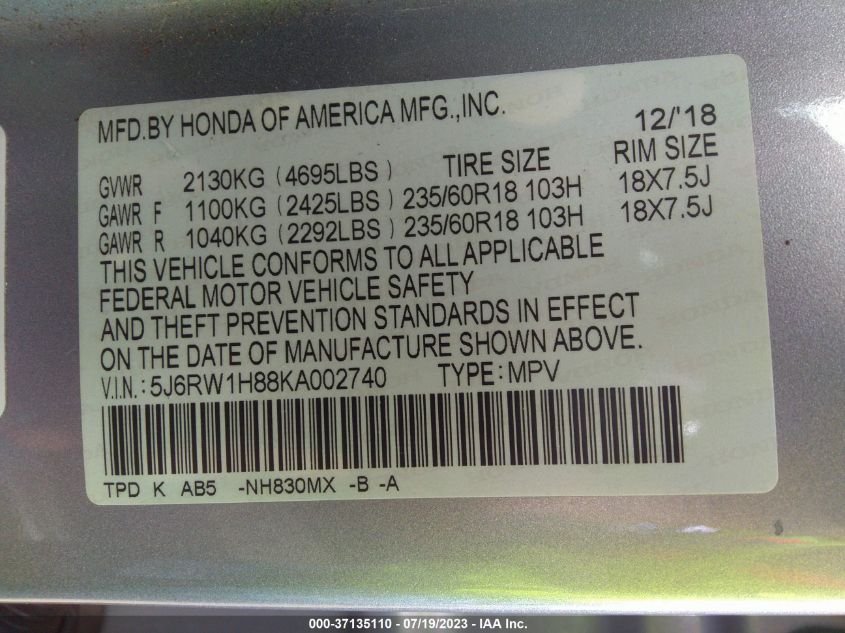 2019 HONDA CR-V EX-L - 5J6RW1H88KA002740