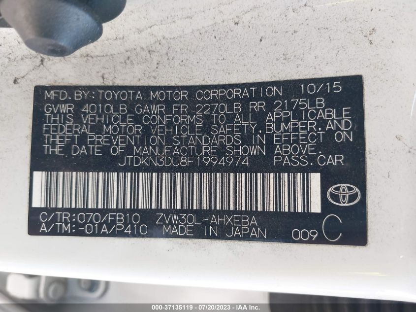 2015 TOYOTA PRIUS - JTDKN3DU8F1994974