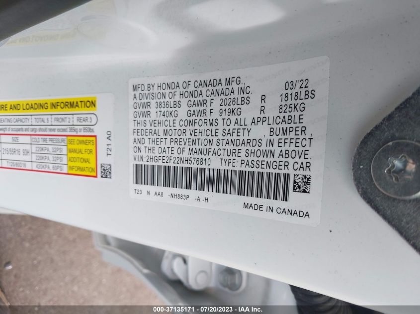 2022 HONDA CIVIC SEDAN LX - 2HGFE2F22NH576810