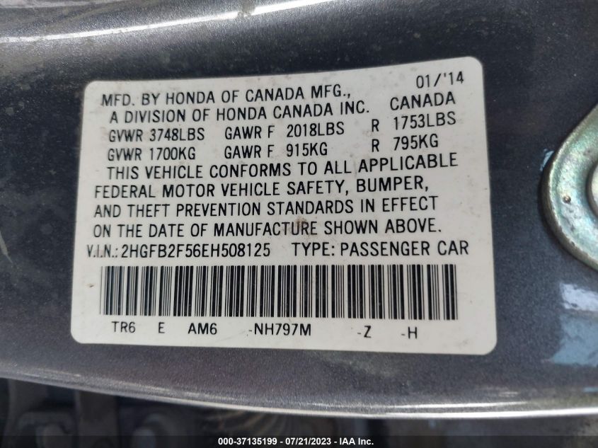 2014 HONDA CIVIC SEDAN LX - 2HGFB2F56EH508125