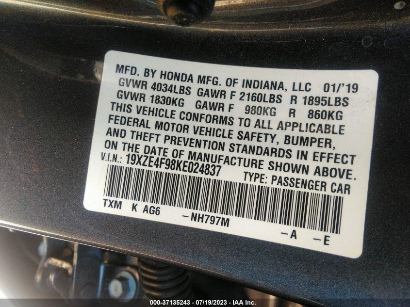 2019 HONDA INSIGHT TOURING 19XZE4F98KE024837