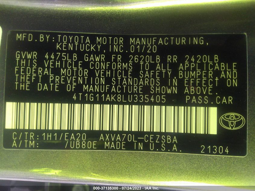 2020 TOYOTA CAMRY SE - 4T1G11AK8LU335405