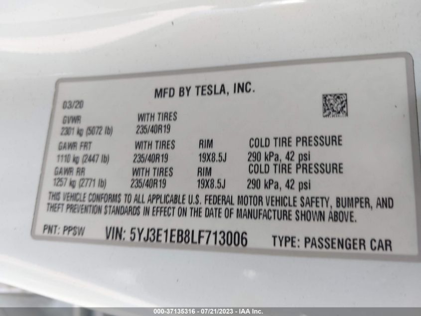 2020 TESLA MODEL 3 - 5YJ3E1EB8LF713006