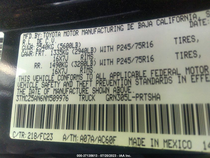 2022 TOYOTA TACOMA 4WD SR/SR5/TRD SPORT - 3TMCZ5AN6NM509976