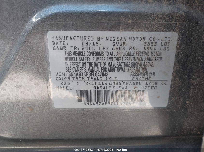2015 NISSAN SENTRA SR/SL/S/SV/FE+ S - 3N1AB7AP3FL647042