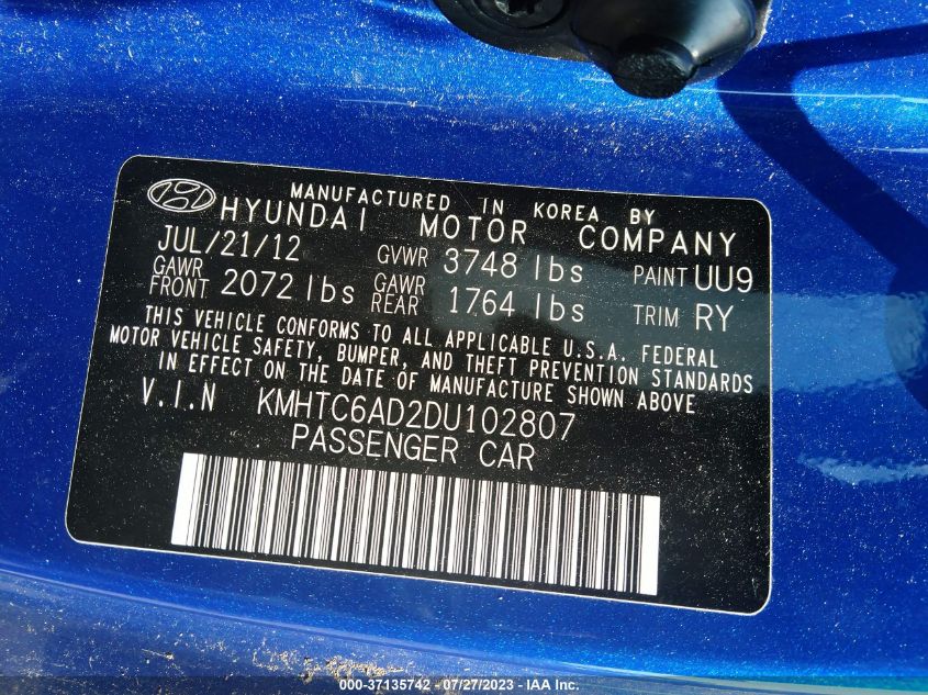 2013 HYUNDAI VELOSTER W/BLACK INT - KMHTC6AD2DU102807