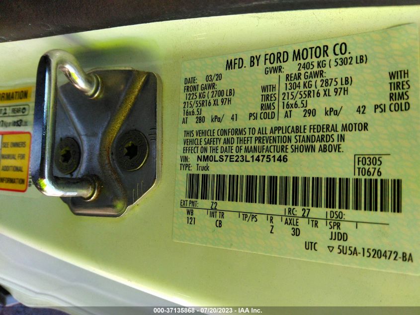 2020 FORD TRANSIT CONNECT VAN XL - NM0LS7E23L1475146