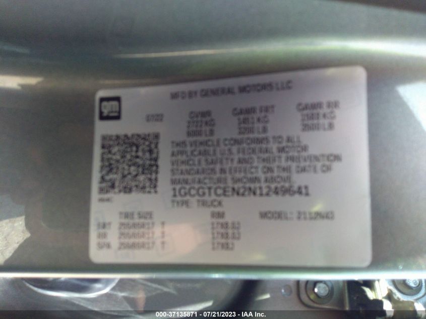 2022 CHEVROLET COLORADO 4WD LT - 1GCGTCEN2N1249641