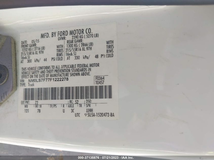 2015 FORD TRANSIT CONNECT XLT - NM0LS7F77F1222278
