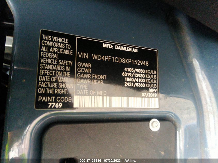 2019 MERCEDES-BENZ SPRINTER VAN - WD4PF1CD8KP152948