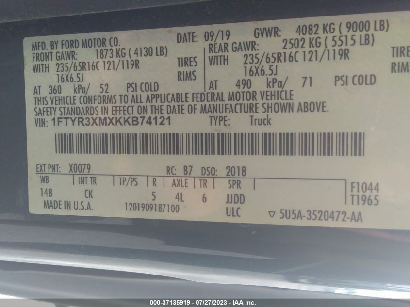 2019 FORD TRANSIT VAN - 1FTYR3XMXKKB74121