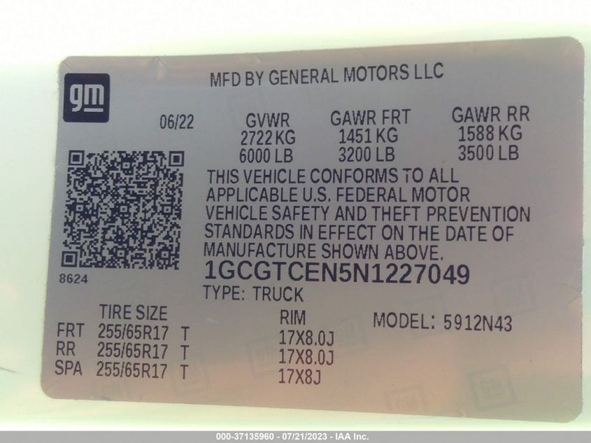 2022 CHEVROLET COLORADO 4WD LT - 1GCGTCEN5N1227049