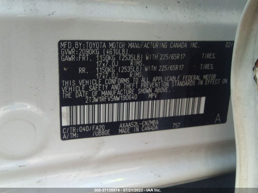2022 TOYOTA RAV4 XLE/XLE PREMIUM - 2T3W1RFV5NW190640