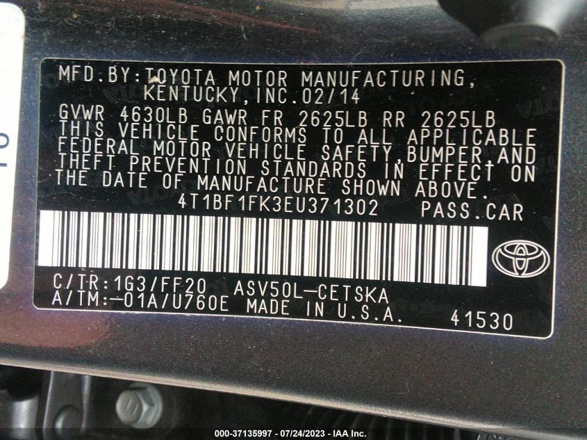 2014 TOYOTA CAMRY L/LE/XLE/SE/SE SPORT - 4T1BF1FK3EU371302