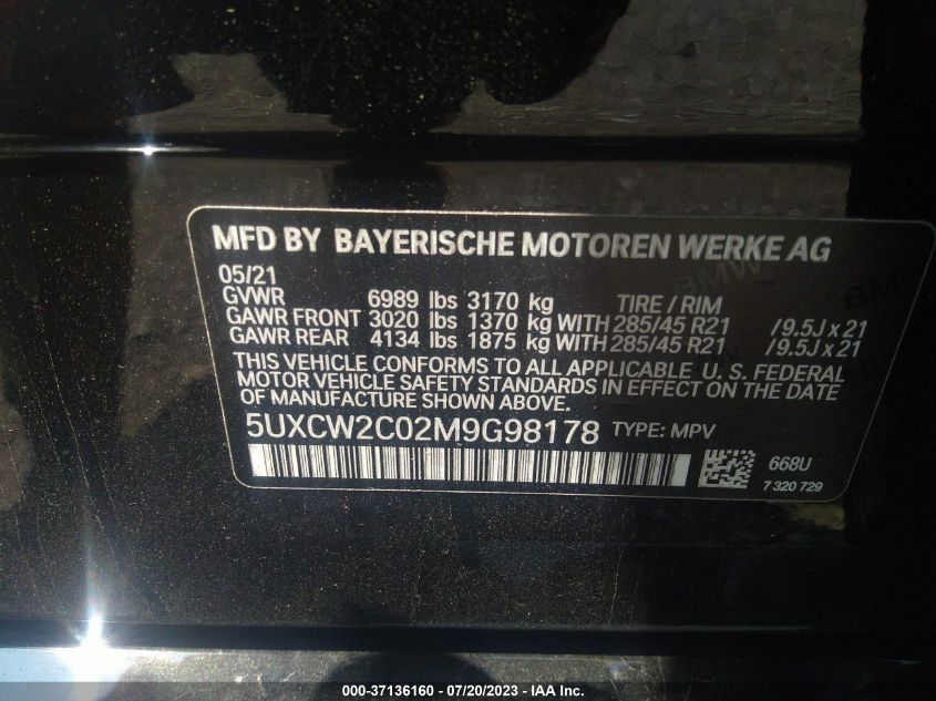 2021 BMW X7 XDRIVE40I - 5UXCW2C02M9G98178