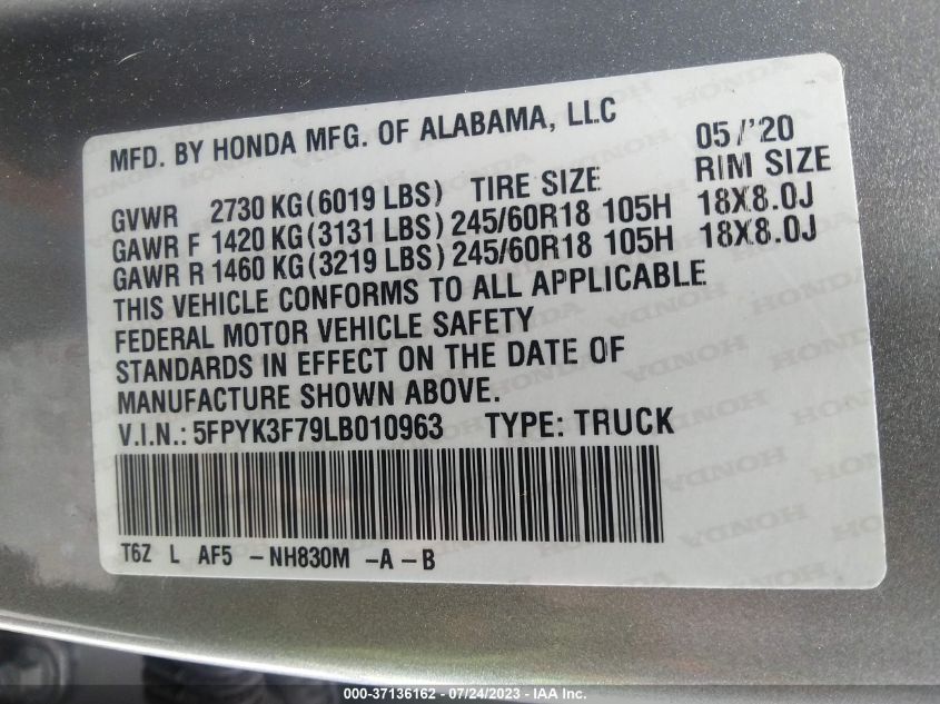 2020 HONDA RIDGELINE RTL-E - 5FPYK3F79LB010963