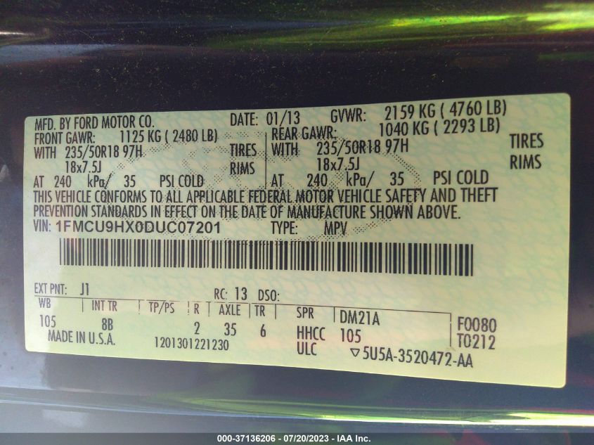 2013 FORD ESCAPE SEL - 1FMCU9HX0DUC07201