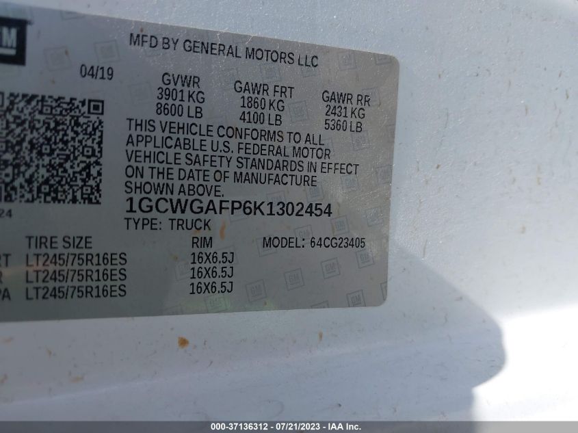 2019 CHEVROLET EXPRESS CARGO VAN - 1GCWGAFP6K1302454