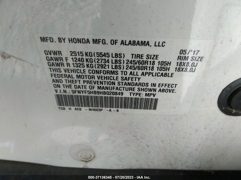 2017 HONDA PILOT EX-L - 5FNYF5H89HR020849