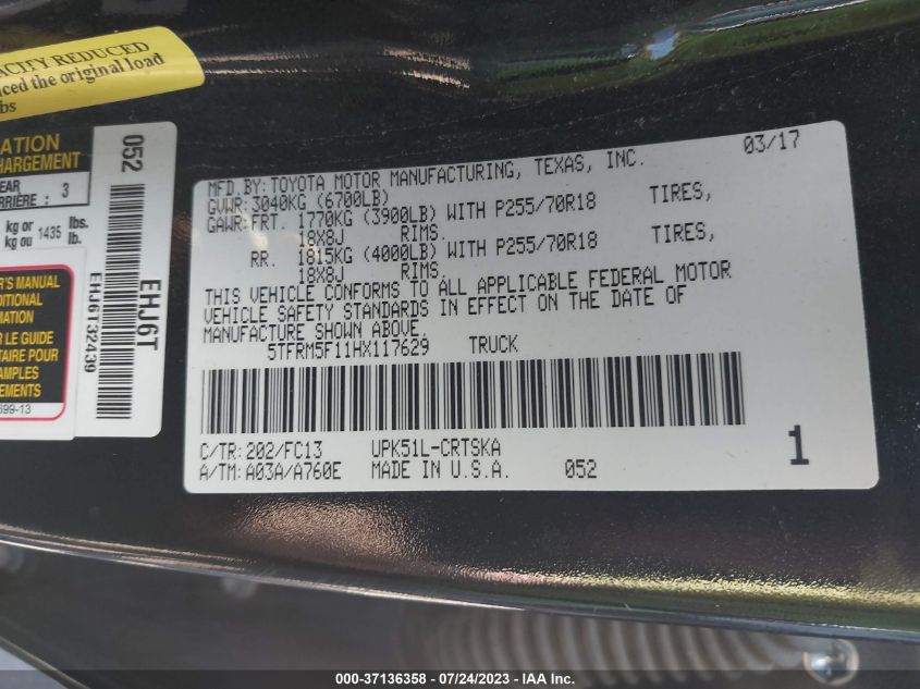 2017 TOYOTA TUNDRA 2WD SR/SR5 - 5TFRM5F11HX117629
