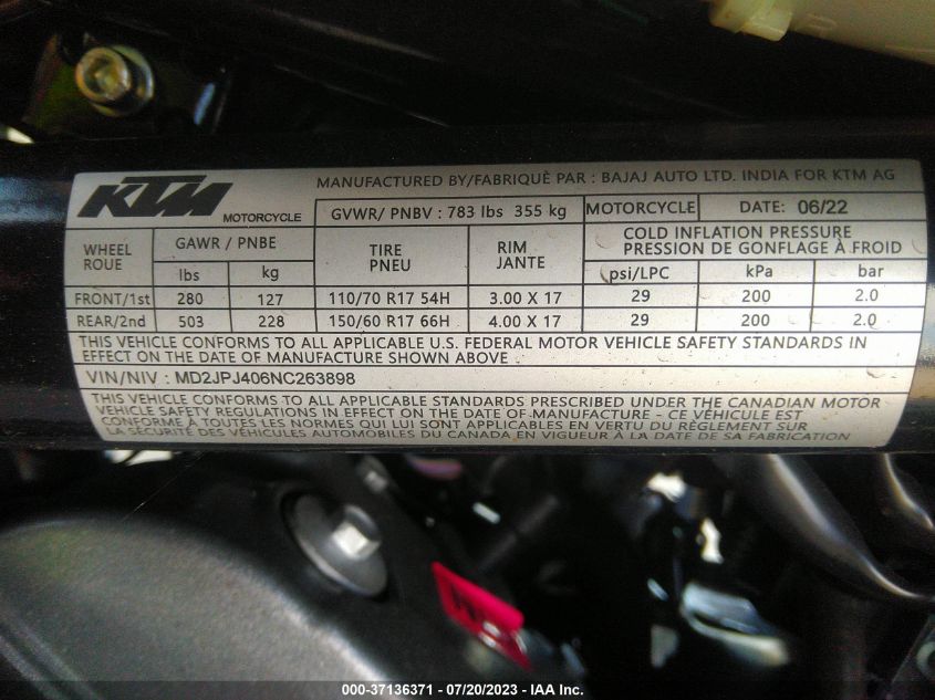 2022 KTM 390 DUKE MD2JPJ406NC263898