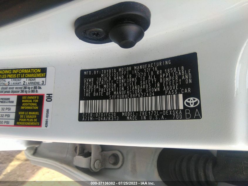 2017 TOYOTA COROLLA L/LE/XLE/SE - 5YFBURHE8HP627404