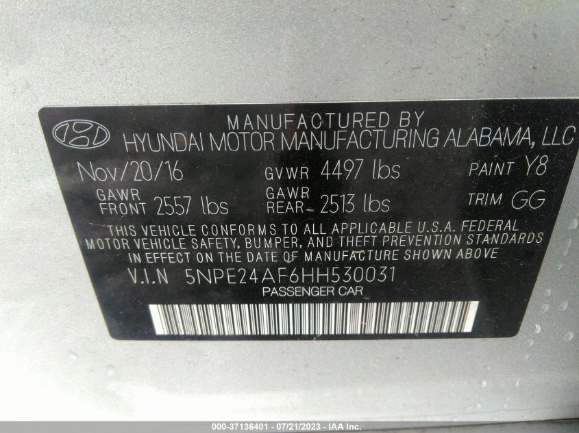 2017 HYUNDAI SONATA SE/2.4L - 5NPE24AFGHH530031