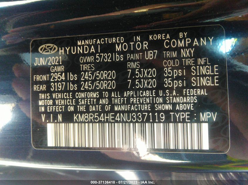2022 HYUNDAI PALISADE LIMITED - KM8R54HE4NU337119