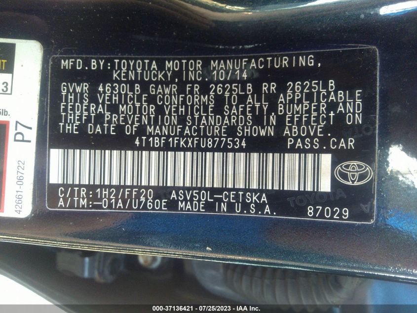2015 TOYOTA CAMRY LE/XLE/SE/XSE - 4T1BF1FKXFU877534