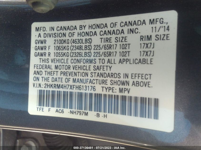 2015 HONDA CR-V EXL - 2HKRM4H7XFH613176