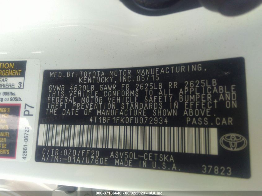 2015 TOYOTA CAMRY XLE/SE/LE/XSE - 4T1BF1FK0FU072934