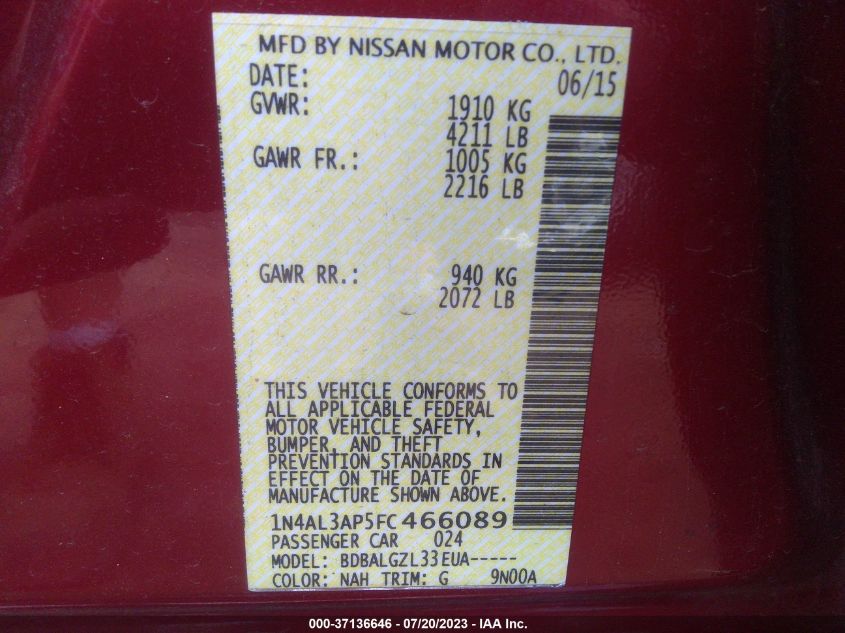 2015 NISSAN ALTIMA 2.5/S/SV/SL - 1N4AL3AP5FC466089