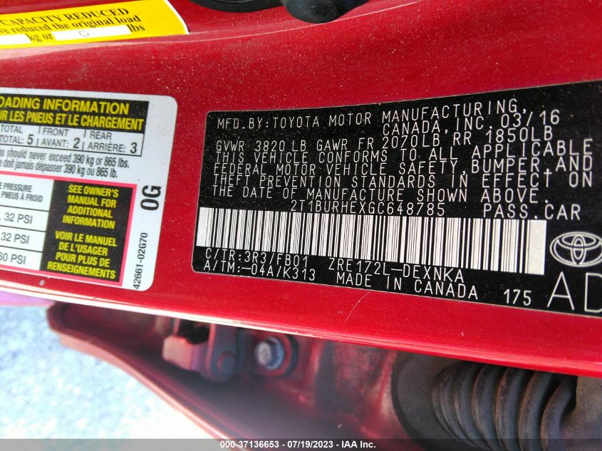 2016 TOYOTA COROLLA LE - 2T1BURHEXGC648785