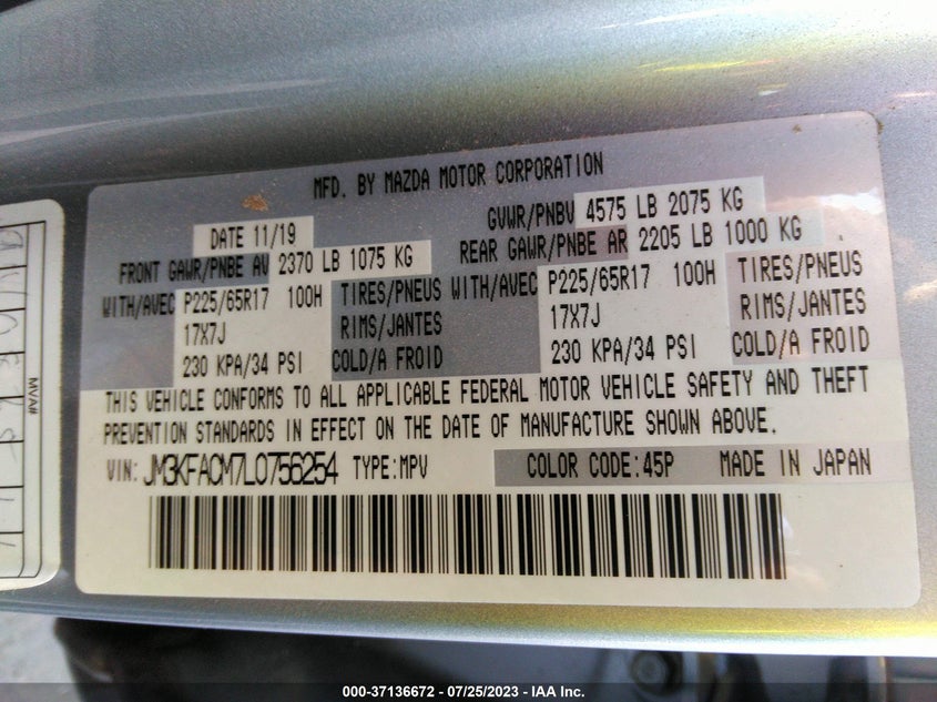 VIN JM3KFACM7L0756254 2020 MAZDA CX-5 TOURING